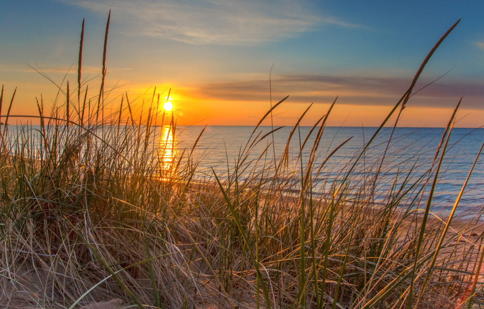 Sunset over a calm lake with tall grass in the foreground.